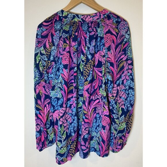 Lilly Pulitzer Elsa Silk Blouse Shirt Aegean Navy Calypso Coast Purple Pink XL - Picture 2 of 4